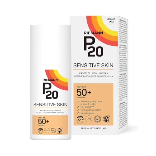 P20 Crema Solare SPF50+ per Pelle Sensibile, Protezione Fino a 10 Ore, Ultra Resistente all'Acqua, Protezione UVA Potenziata, Senza Profumo e Alcool, Dermatologicamente Testata, 200 ml