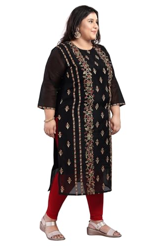 Image of DREAM & DZIRE Women's Chanderi Cotton Kurti | Floral Hand Embroidery | 3 /4 Sleeve | Round Neck | Calf Length Straight Kurta | Beige | S to 8XL Plus Size