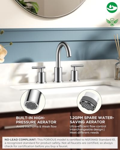Image of FORIOUS Brushed Nickel Bathroom Faucet 3 Hole with Metal Pop Up Drain and 24 inch Supply Hose, 2 Handle 8 Inch Widespread 3 Hole Vanity Faucet for Bathroom Sink Brush Nickel with 360 Swivel Spout