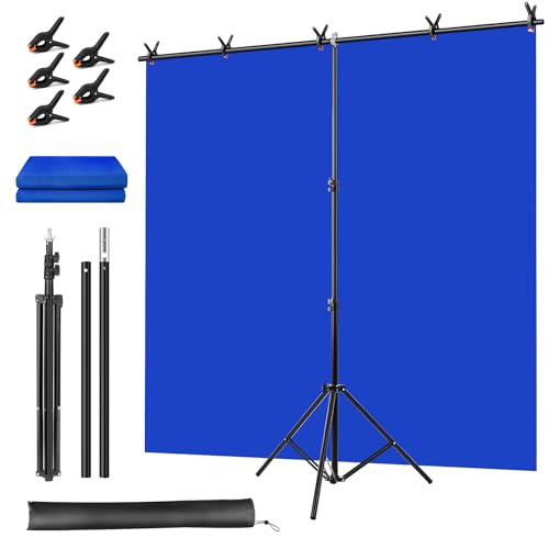 Blue Screen Backdrop Kit Portable Bluescreen Background with T-Shaped Stand 5 Clamps & Carrying Bag for Photography Streaming Zoom Gaming (Blue 6.5 Feet X 5.0 Feet)