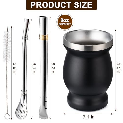 8oz Yerba Mate Cup, 304 Stainless Steel Double-Wall Mate Cup, Heat Insulation Yerba Mate Gourd, Tea Cup Set Includes Cleaning Brush & 2 Bombillas (Black)