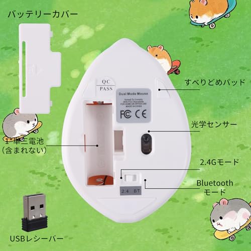HUMTSO ワイヤレスマウス 2.4Ghz+Bluetooth 3ボタン デュアルモード接続 無線 電池式 レシーバー付属 Mサイズ 可愛いハムスター キャラクター 小型 1200DPI 超軽量60ｇ 静音 無線 光学式 コンパクト 持ち運び便利 女性/子供/小さな手の人に最適 ノートパソコン/コンピューター/タブレット/Windows/Macbookに対応 (ピンク)
