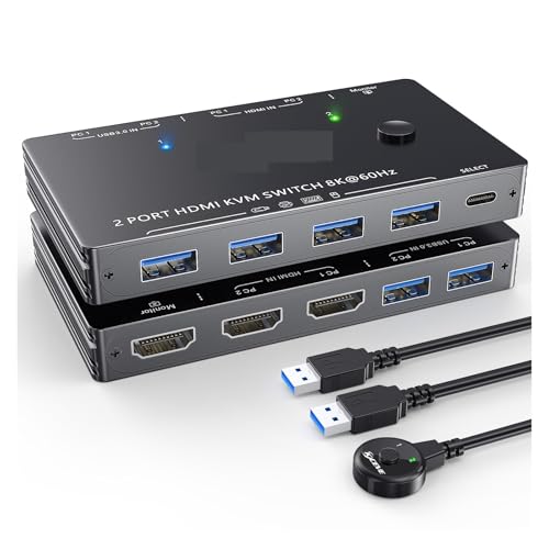 Conmutador KVM USB 3.0 8K60Hz para 2 computadoras y un monitor teclado