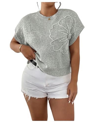 MakeMeChic Women's Plus Size Floral Sweater Vest Crew Neck Short Sleeve Going Out Knitwear