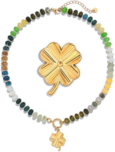 Beaded Gemstone Necklace for Women,Colorful Boho Bead Choker Natural Stones Beach Necklaces 14K Gold Plated Summer Handmade Jewelry,16