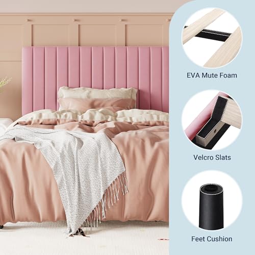 Image of Allewie Twin Bed Frame, Velvet Upholstered Platform Bed with Adjustable Vertical Channel Tufted Headboard, Mattress Foundation with Strong Wooden Slats, Box Spring Optional, Easy Assembly, Pink