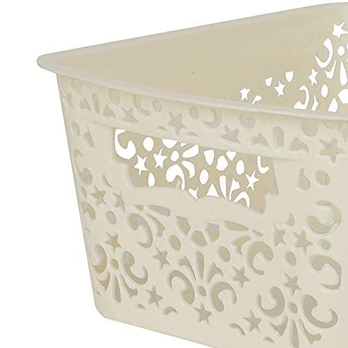 Image of Cutting Edge Essentials Plastic Storage Baskets /Shelf /Turkish Rack with Lid - Set of 3 for Fruit Vegetable Bathroom Stationary Home Basket with Handle (Brown,Beige & White - Large)