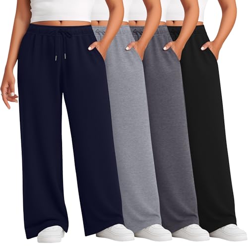 4 Pack Women's Plus Size Pants Lounge Wide Leg Yoga Pants High Waist Drawstring Sweatpants with Pockets