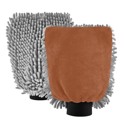 STAYTOP Plain Brown Car Wash Mitt Microfiber, 2Pcs Scratch Free Lint-Free, Premium Chenille Microfiber Mitt Car Wash Brush-L