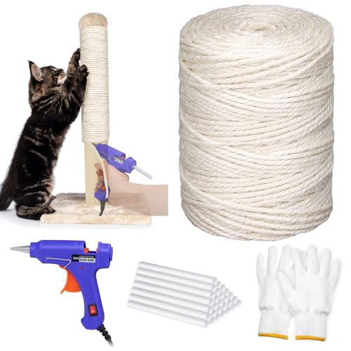 Sisal Rope for Cat Scratching Post, 328FT 4MM Natural Hemp Twine Rope for Repairing Cat Tree Tower Scratcher Replacement Kit with Hot Glue Gun and Sticks Set for DIY Indoor Decoration Pet Toys Craft