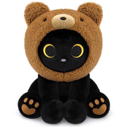 JEROKUMI Black Cat Plush with Teddy Bear Hood, Cute Cat Bear Stuffed Animal
