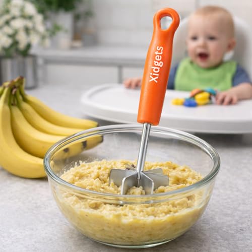 Image of Stainless Steel Mini Meat Chopper & Cocktail Muddler| 6-Blade Chopper Tool | Small Smasher | Compact Ergonomic Handle | Dishwasher Safe - 7 inch (Retro Orange Mini)
