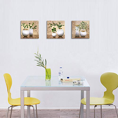 3 Piece Wall Art For Bathroom/Hallway, Sz Hd Elegant Canvas Painting Prints Of Green Spring Plants In Vases On Beige/Tan Picture (Waterproof Decor, 1" Thick, Bracket Mounted Ready To Hang) #TOP7