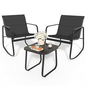 YITAHOME 3 Piece Patio Furniture Set with Rocking Bistro Chairs and Glass Table, Textilene Fabric Small Outdoor Conversation Furniture Set for Backyard, Lawn, Garden, Balcony, Poolside (Black)