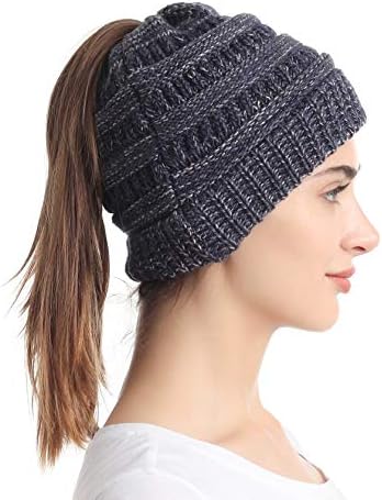 soul young Ponytail Messy Bun Beanie Tail Knit Hole Soft Stretch Cable Winter Hat for Women