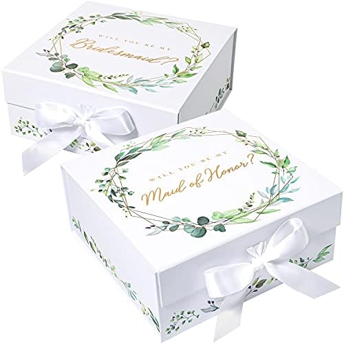 BRIGEL Bridesmaid Proposal Box Set of 3, 1 Will You Be My Maid of Honor and 2 Will You Be My Bridesmaid Proposal Boxes for Bridesmaid Gifts, Leaf-Patterned White Box with Gold Foiled Text, Magnetic Closure, and a White Ribbon