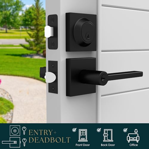 Image of Mega Handles Prime Entrance Combo, Entry Lever Door Handle and Single Cylinder Deadbolt Lock and Key Combo Pack, Heavy Duty Square Locking Door Levers Set for Left or Right-Handed Doors - Matte Black