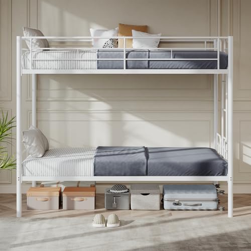 DUMOS Metal Bunk Bed Twin Over Twin with Ladder and High Guardrail, Heavy-Duty Steel Slats Support for School, Under-Bed Storage Space, No Box Spring Needed, Noise Free, White