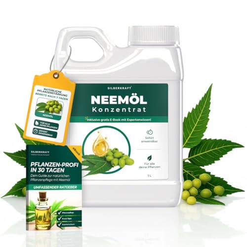 Silberkraft Aceite de neem concentrado con rimulgan, 1 L, prensado en frío y premezclado, hasta 100 l solución de cuidado de plantas, incluye libro electrónico gratuito, para plantas de interior