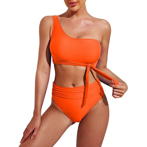 Pink Queen Women's One Shoulder High Waisted Bikini Set Two Piece Tie Ruched Swimsuit X-Large Orange