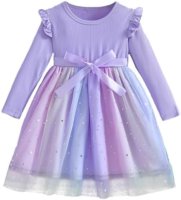 FEOYA Regenbogen Taufkleid Für Mädchen - Glitzer Tüllkleid Mit Langarm 1-6 Jahre