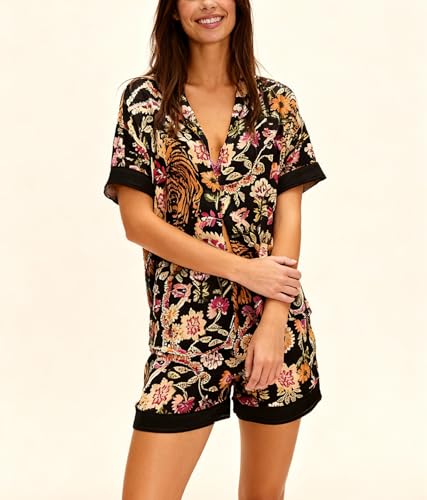 Image of Women Silk Pajamas Floral Satin 2 Piece Pajama Sets | Button Down Short Sleeve Shirt and Elastic High Waist Shorts, Vintage 2Pcs Pj Sets, Two Piece Lounge Set, Elegant Sleepwear