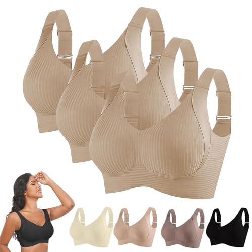 3 Piezas Sujetador Sin Aros Mujer Suave 2025 Sujetadores De Forma Seamless Ligero Base Top Corsé Espalda Desnuda Push Up Sujetador Lactancia Cómodo Bra Gimnasia Correas Ajustables, Beige+beige+beige