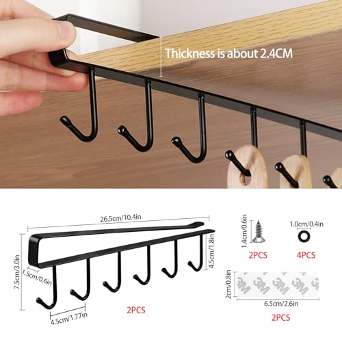 JINTANG 2-Pack Mug Hooks Under Shelf, Under Shelf Mug Holder with 6 Hooks, Under-Cabinet Hanger Rack with Adhesive/Screw, Under Cupboard Storage for Towels, Coats, Handbags, Clothes, and Robes (Black) - Image 7