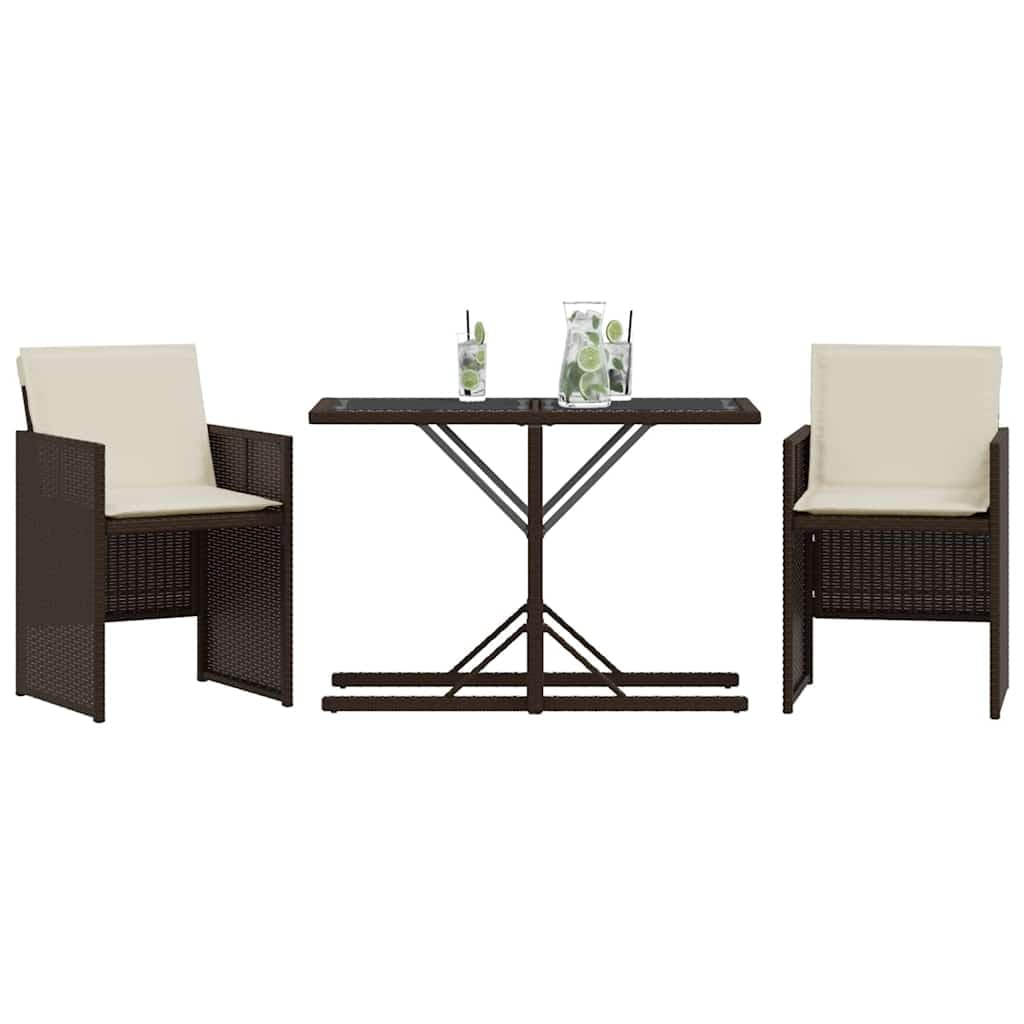 Set da 3 pezzi da bistrot con cuscino, marrone, polyrattan, sedie pieghevoli, tavolo in vetro, resistente ai raggi UV, per giardino, balcone, terrazza, set di mobili da esterno confortevole