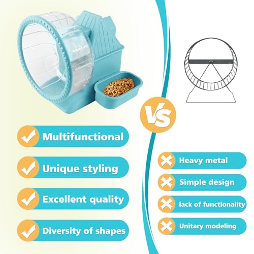 Image of 4 in 1 Silent Large Hamster Wheel Multifunctional Hamster Running Wheel Quite Running Spinner Wheel Accessories with Food Bowl Water Bottle for Hamsters Dwarf Gerbil (Blue)