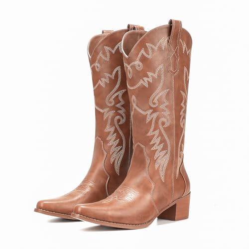 Image of IXU Cowboy Boots Women Pointy Toe Women's Mid Calf Western Cowgirl Boots