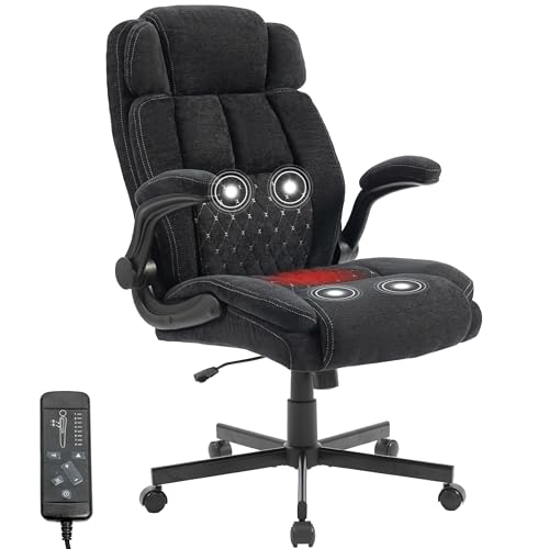 Massage Office Chair, 500LBS Ergonomic Rocking Executive Desk Chairs with 4 Points Vibration&Heat,Padded Flip-up Armrests for Big and Tall Office Chair,Swivel Computer Chair Thicken Back, Fabric Black
