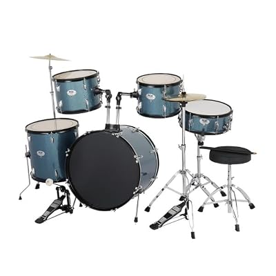 EKUL MCH Full Size Adult Drum Set 5-Piece Black with Bass Drum, two Tom Drum, Snare Drum, Floor Tom, 16" Ride Cymbal, 14" Hi-hat Cymbals, Stool, Drum Pedal, Sticks