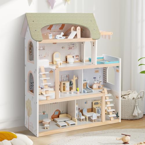RELAX4LIFE Casa delle Bambole in Legno con 6 Stanze, Terrazza e Piscina, Set Mobili Simulati, 2 Scale, Playset Fai da Te per Bambini 3+ anni, 62×25×78 cm