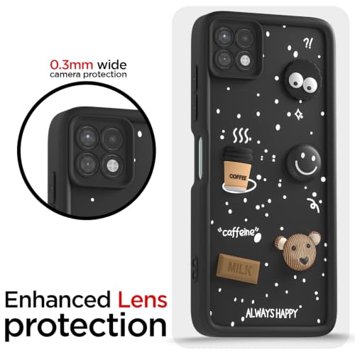 Image of Pikkme Back Cover for Samsung Galaxy A22 5G | 3D Bear Silicone Cute & Fun Coffee Cartoon | Full Body Protection Bumper Case (Black)