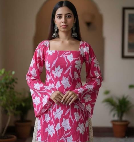 Image of MAHIRA'S Women's Short Kurti, Black Rayon Tunic Top with Embroidered Sleeves, 3 /4 Designer Sleeves
