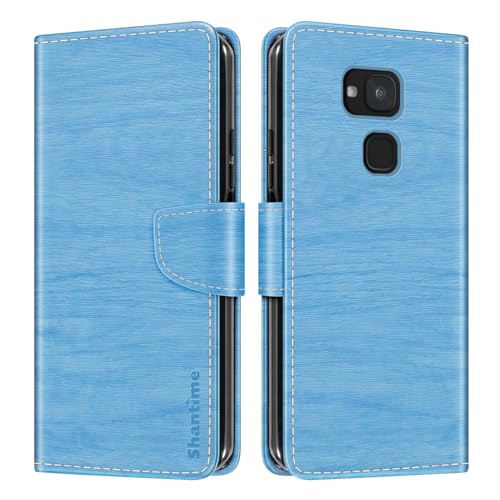 Shantime Funda Cartera de Cuero Compatible con BQ Aquaris V, Tapa de Color con Ranuras, Cierre Magnético Protección Completa(Celeste)
