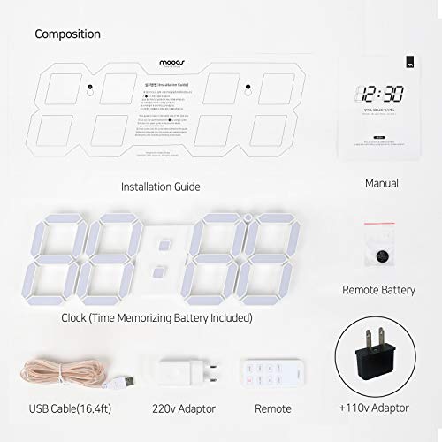Mooas 3D Led Wall Clock Big Plus White With Remote Control, 15 Inch Led Clock, Modern Wall Clock, 12/24 Time/Date Display Alarm Clock, Brightness Adjustable,Temperature #TOP7