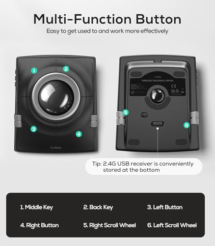 Image of Nulea M512 Wireless Trackball Mouse, Ergonomic 55mm Trackball, Adjustable DPI for Precise Control, Left or Right Hand Compatible, Rechargeable, Multi-Device Bluetooth & 2.4GHz for PC, Laptop(Black)