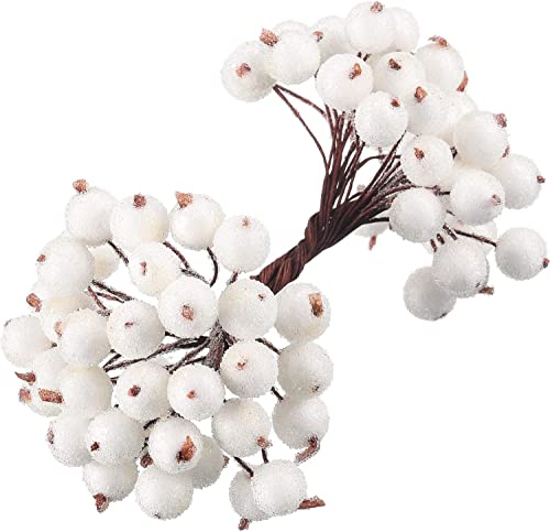Artificial Holly Berries on Wire Stems,Frosted White Fruit Holly Berries Mini Christmas Berry Artificial Flower for Home Wedding Party Birthday DIY Garland Decoration (40, White)