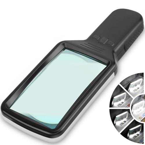 Real Glass Magnifying Glass with Light, 5X Page Magnifier for Reading with 3 Color Modes Stepless Dimmable, Handheld Lighted Magnifier for Seniors Low Vision Reading Books, Macular Degeneration