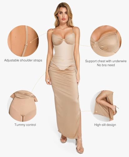 Image of Popilush V Neck Cocktail Dresses Women Shapewear Dress Adjustable Maxi Dress Tummy Control Party Dress