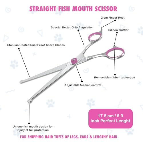 Image of V2 Dog Grooming Shears Set | 6 Piece Stainless Steel Pet Grooming Kit | Straight Up Curved Down Curved Fish Mouth Scissors | 2 in 1 Steel Comb | Anti Tick Flea Spray 100 ml | Carry Bag