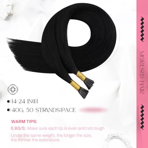 Image of Moresoo I Tip Hair Extensions Human Hair, Jet Black, 24 Inch | 40g 50 Strands, Reusable Stick Tips, Buildable Fullness, Extra Length, Photoshoots, Glam Styling