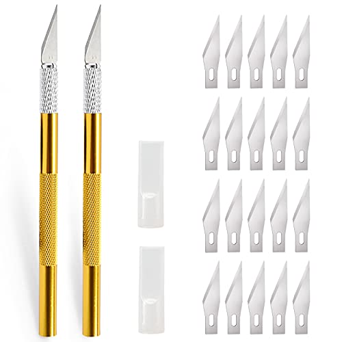 EHDIS 2 pièces Scalpel avec 20 lames, Cutter de précisioncouteau artisanal, couteau cutter, scalpel pedicure, scalpel chirurgical, couteau à découper, cutter pour sculpture, film de fenêtre, d'or Cover