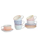 Nicola Spring Handgedrucktes Cappuccino Cup & Saucer -Set - 250ml - 6 Farben - 12pc