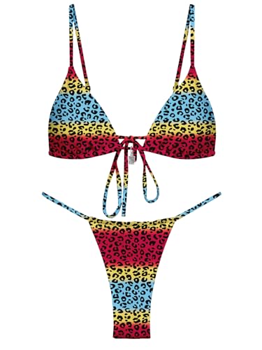 Image of OWICA Women's Sexy Triangle Bikini Sets Cheeky Thong Swimsuit Adjustable Spaghetti Straps Bathing Suit