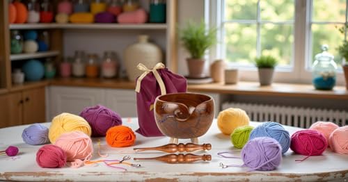 Image of Wooden Yarn Bowl for Crocheting, 7x4 inch Large Crochet Holder Gift Accessories and Knitting Gadgets Supplies Handcrafted with Fractal Wood Burning & Purple Resin Inlay ( Purple 7x4 )