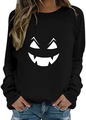 OCCOKO Mujer Sudadera Cerrada con Capucha Básica Pulóver con Cuello Redondo Suelto Informal con Estampado de Halloween Azul Mujer