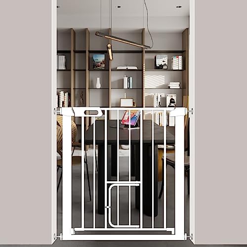 DEARBB Extra Wide Walk Thru Pet Gate with Small Pet Door,Pressure Mounted Safety dog Gates, Auto close Metal Baby Gate for Doorways, Hallways White 24.01"-26.77"Wide